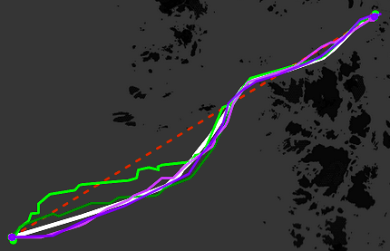 Comparison of trajectory imputation results showing multiple reconstructed paths against the ground truth.